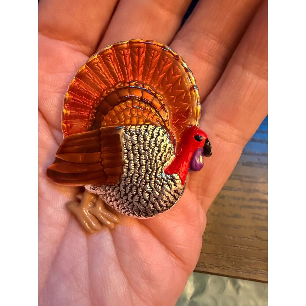 Vintage BEST Turkey Brooch Pendant Enamel Thanksgiving Fall Signed Jewelry